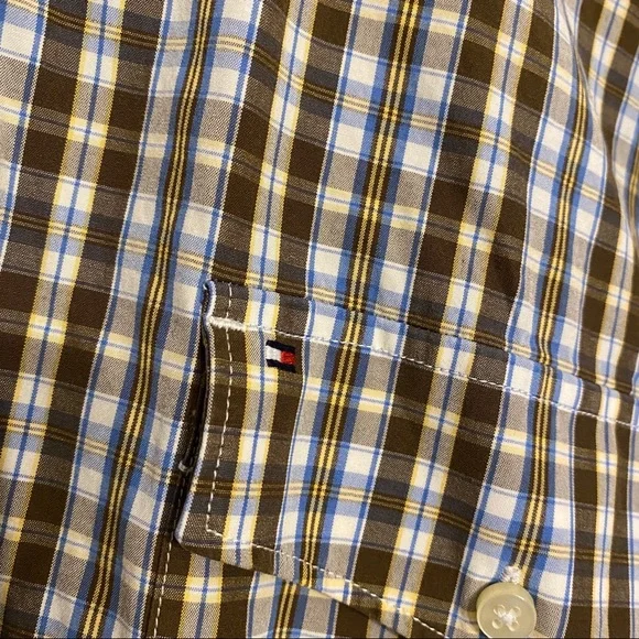 TOMMY HILFIGER BROWN BLUE WHIT PLAID DRESS BUTTON UP SHIRT - Picture 2 of 3